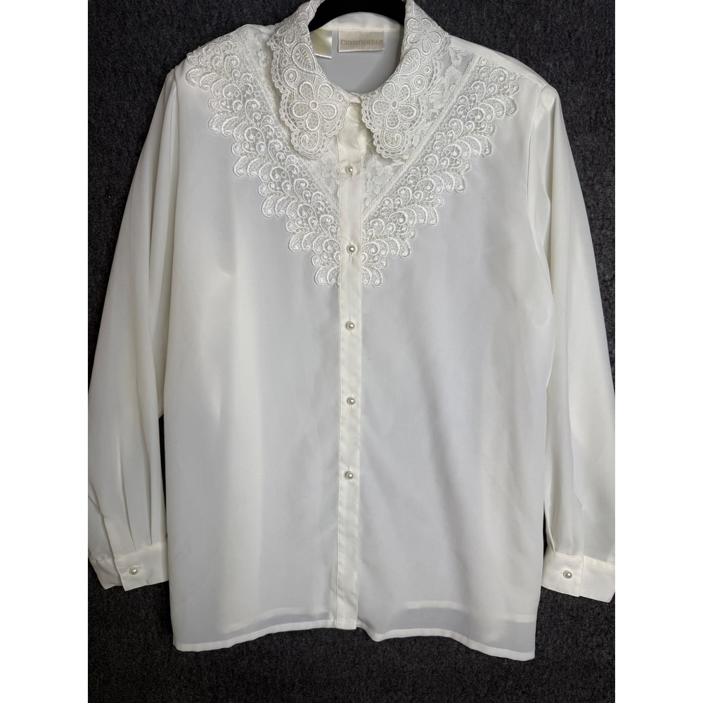 Vintage White Lace Collar Pearl Button Blouse Long Sleeve Sz 14